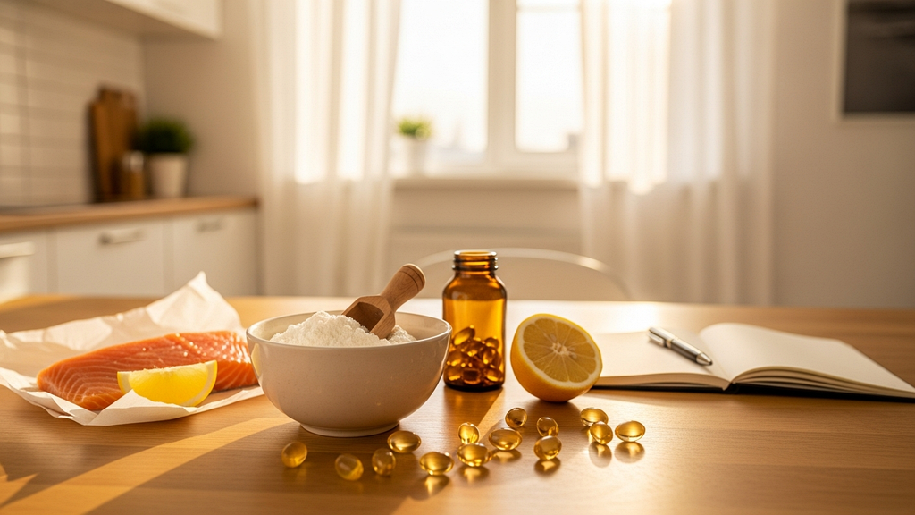 Collagen supplement forms including powder, capsules, and fish on a wooden table with warm kitchen lighting