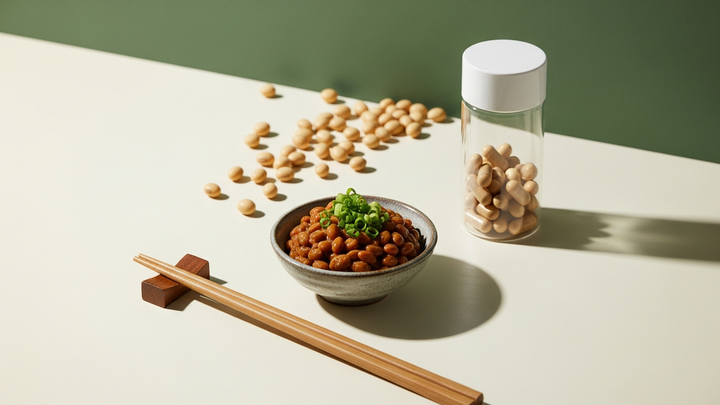 Nattokinase supplement bottle alongside traditional Japanese natto in a ceramic bowl with soybeans