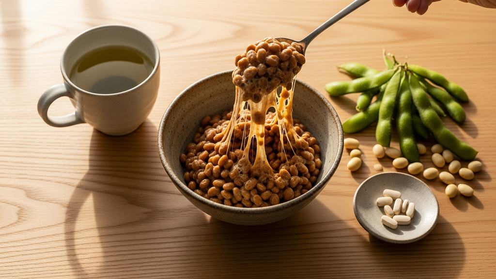 Japanese natto fermented soybeans with chopsticks showing sticky strands, green tea, and edamame on natural wood surface