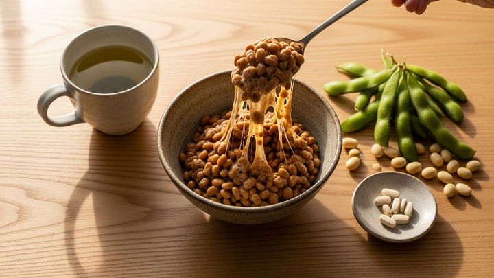 Japanese natto fermented soybeans with chopsticks showing sticky strands, green tea, and edamame on natural wood surface