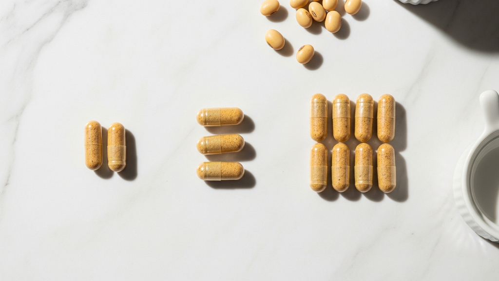 Nattokinase capsules arranged in three dosage groups on marble surface showing different daily dose options