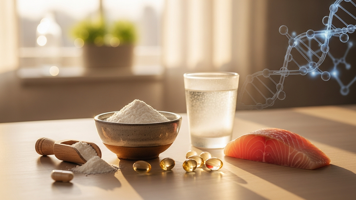 collagen hydrolysate powder capsules and fish on wooden surface
