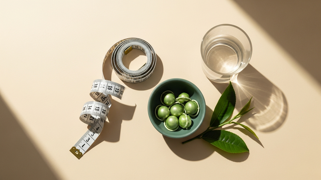 Diet supplements for belly fat - measuring tape, green tea capsules, and water on clean surface
