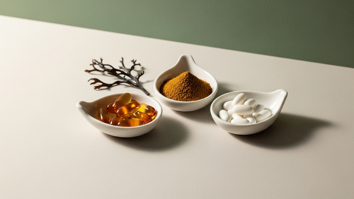 fucoidan extract supplement capsules powder and seaweed forms comparison on pale concrete surface